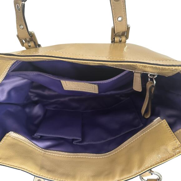 Coach Gallery Patent Leather Tote Bag Tan Camel 10380 Purple Lining - Picture 10 of 15